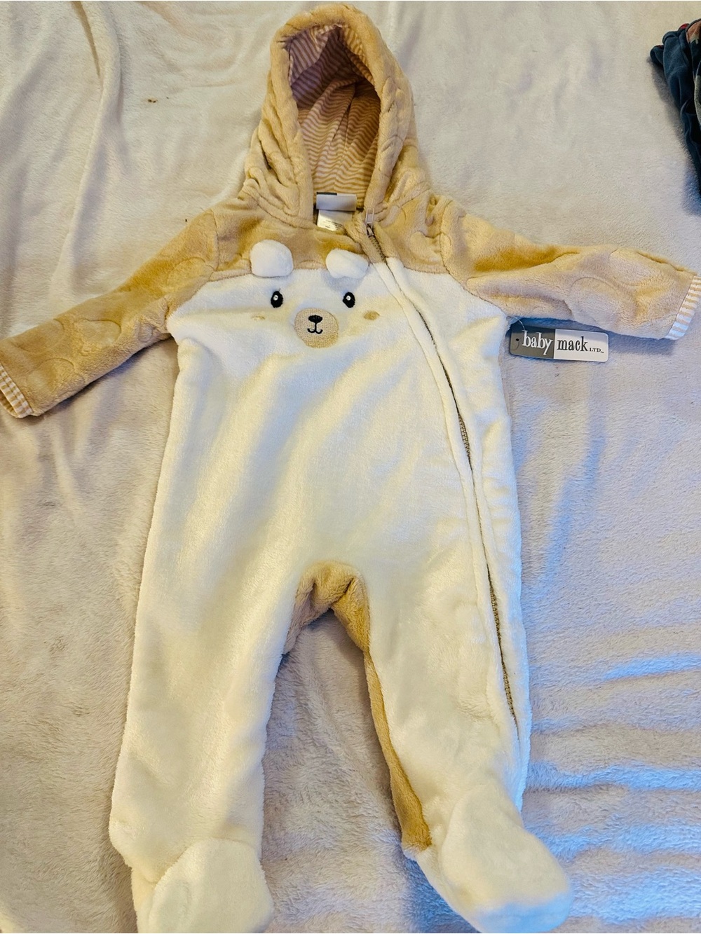 Baby Mack Plush Bear Hooded One-Piece in Cream and Tan